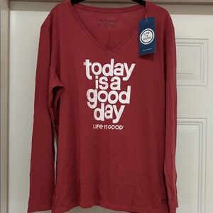Life Is Good Women's Long Sleeve V-Neck Tee in Red with White Graphic